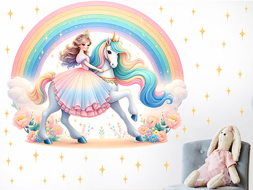 Duhový jednorožec a princezna samolepky na zeď, Duhový jednorožec a princezna samolepka na stěnu, Duhový jednorožec a princezna nálepky na zeď, Duhový jednorožec a princezna nálepky na stěnu
