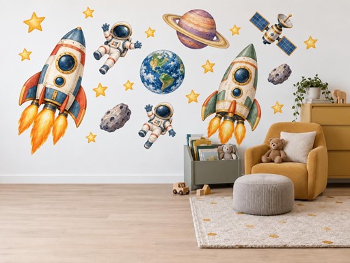 Dvě rakety a mávající kosmonauti