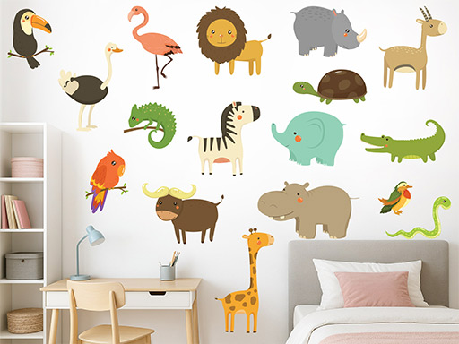 Exotická zvířátka samolepky na zeď, Exotická zvířátka nálepky na zeď pro děti, Exotická zvířátka dětské dekorace na zeď, Exotická zvířátka samolepící nálepky na zeď