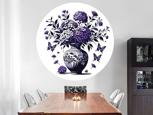 Fialové kvety vo váze samolepky na stenu, Fialové kvety vo váze nálepky na stenu, Fialové kvety vo váze dekorácie na stenu, Fialové kvety vo váze samolepiace nálepky na stenu