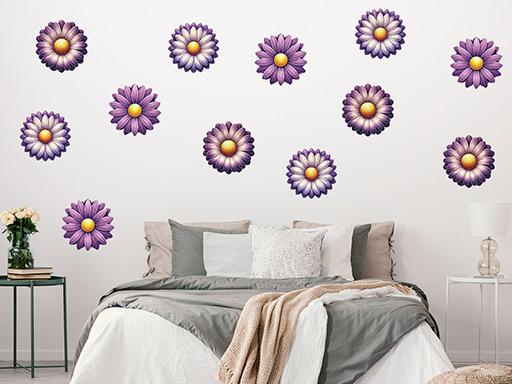 Fialové květy 12 ks samolepky na zeď, Fialové květy 12 ks nálepky na zeď, Fialové květy 12 ks dekorace na zeď, Fialové květy 12 ks samolepící nálepky na zeď