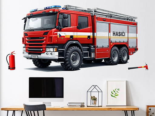 Hasičské auto samolepky na zeď, Hasičské auto nálepky na stěnu, Hasičské auto dekorace na zdi, Hasičské auto tapety na zdi