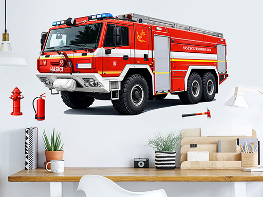 Hasičský vůz samolepky na zeď, Hasičský vůz nálepky na stěnu, Hasičský vůz dekorace na zdi, Hasičský vůz tapety na zdi