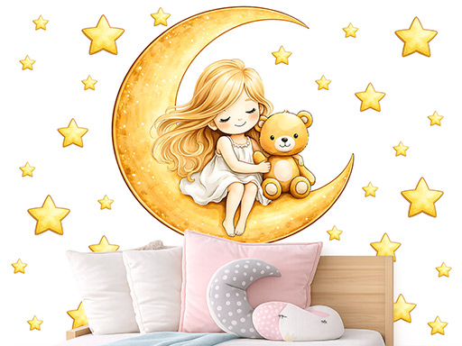 Holčička na měsíci samolepka na zeď, Holčička na měsíci nálepka na zeď, Holčička na měsíci dětská dekorace na zeď, Holčička na měsíci samolepící nálepka na zeď, Holčička na měsíci samolepka na zeď pro děti