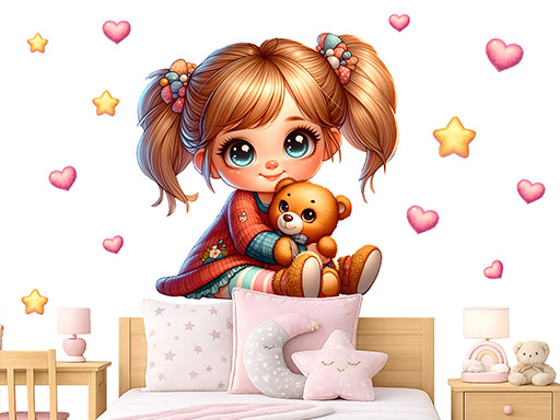 Holčička s medvídkem samolepky na zeď, Holčička s medvídkem dekorace na zeď, Holčička s medvídkem samolepící dekorace na zdi, Holčička s medvídkem nálepky na stěnu