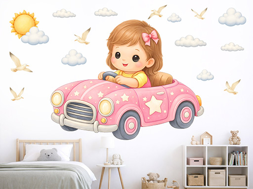Dievčatko v autíčku samolepky na stenu, Dievčatko v autíčku nálepky na stenu, Dievčatko v autíčku dekorácie na stene, Dievča v autíčku tapety na stene