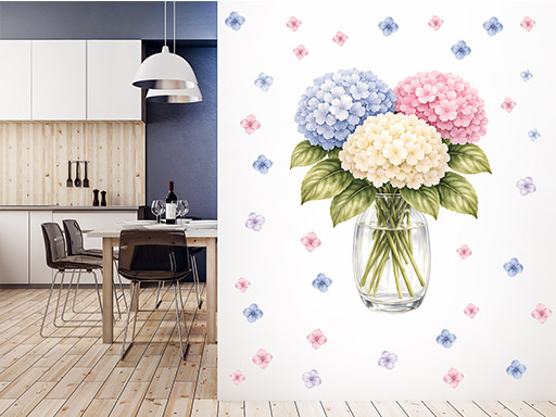 Hortenzie vo váze – nálepky na stenu, Hortenzie vo váze – tapety na stenu, Hortenzie vo váze – dekorácie na stenu, Hortenzie vo váze – nálepky na stenu