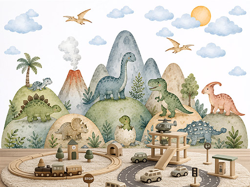 Hory, kopce a dinosaury – nálepky na stenu, Hory, kopce a dinosaury – tapety na stenu, Hory, kopce a dinosaury – dekorácie na stenu, Hory, kopce a dinosaury – nálepky na stenu