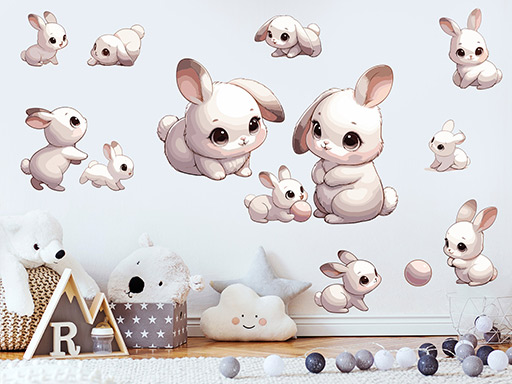 Hraví zajačikovia samolepka na stenu, Hraví zajačikovia nálepka na stenu, Hraví zajačikovia detská dekorácia na stenu, Hraví zajačikovia samolepiaca nálepka na stenu, Hraví zajačikovia samolepka na stenu pre deti