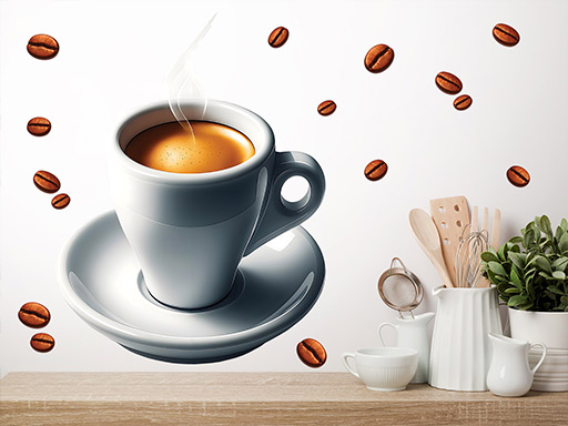 Hrnek kávy espresso samolepka na zeď, Hrnek kávy espresso nálepky na zeď, Hrnek kávy espresso dekorace na stěnu, Hrnek kávy espresso samolepící dekor na stěny, Hrnek kávy espresso samolepící tapety na zeď