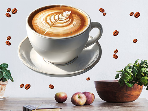 Hrnček kávy lungo samolepka na stenu, Hrnček kávy lungo nálepky na stenu, Hrnček kávy lungo dekorácie na stenu, Hrnček kávy lungo samolepiaci dekor na steny, Hrnček kávy lungo samolepiace tapety na stenu