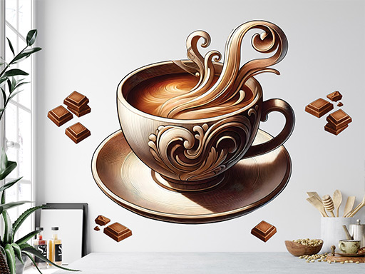 Hrnek s horkou čokoládou samolepka na zeď, Hrnek s horkou čokoládou nálepky na zeď, Hrnek s horkou čokoládou dekorace na stěnu, Hrnek s horkou čokoládou samolepící dekor na stěny, Hrnek s horkou čokoládou samolepící tapety na zeď