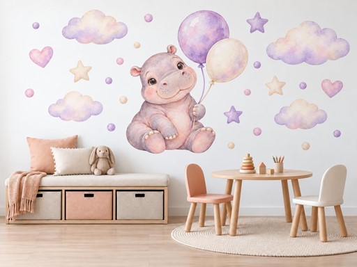 Hrošík s balonky samolepky na zeď, Hrošík s balonky tapety na zeď, Hrošík s balonky dekorace na zeď, Hrošík s balonky nálepky na zeď