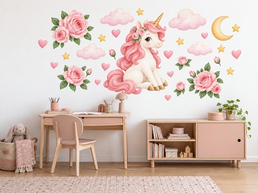 Jednorožec mezi růžemi samolepky na zeď, Jednorožec mezi růžemi tapety na zeď, Jednorožec mezi růžemi dekorace na zeď, Jednorožec mezi růžemi nálepky na zeď