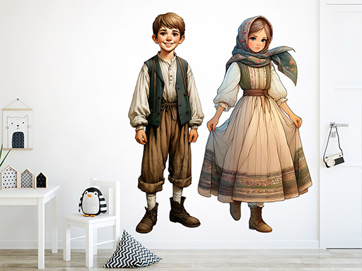 Jeníček a Mařenka samolepky na zeď, Jeníček a Mařenka nálepky na zeď pro děti, Jeníček a Mařenka dětské dekorace na zeď, Jeníček a Mařenka samolepící nálepky na zeď