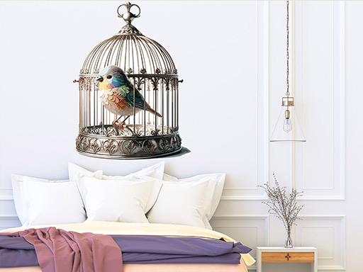 Klietka s vtáčikom samolepky na stenu, Klietka s vtáčikom nálepky na stenu, Klietka s vtáčikom dekorácie na stenu, Klietka s vtáčikom samolepiace nálepky na stenu