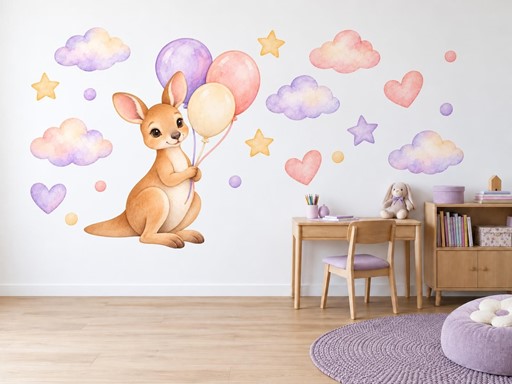 Klokánek s balonky samolepky na zeď, Klokánek s balonky tapety na zeď, Klokánek s balonky dekorace na zeď, Klokánek s balonky nálepky na zeď