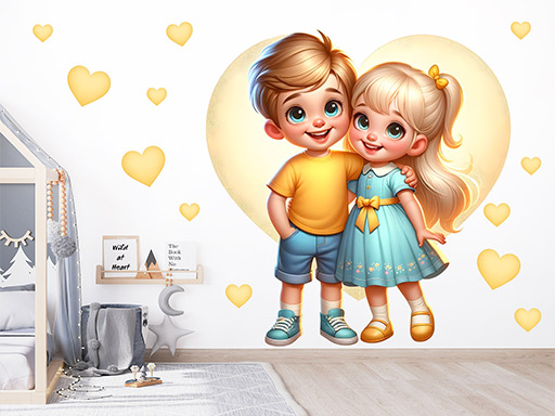 Chlapec a dievčatko srdce samolepky na stenu, Chlapec a dievčatko srdce nálepky na stenu, Chlapec a dievčatko srdce dekorácie na stene, Chlapec a dievčatko srdce tapety na stene