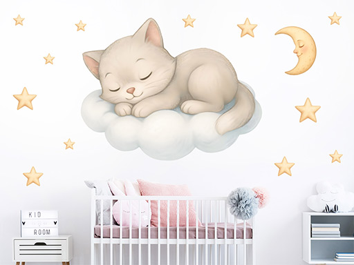 Mačka na obláčiku samolepka na stenu, Mačka na obláčiku nálepky na stenu, Mačka na obláčiku dekorácie na stenu, Mačka na obláčiku samolepiaci dekor na steny, Mačka na obláčiku samolepiace tapety na stenu