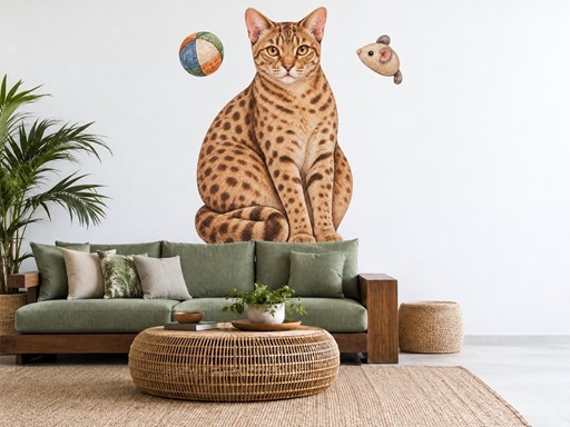 Kočka ocicat s míčkem a myškou
