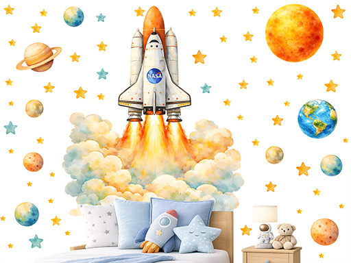 Kosmická raketa samolepky na zeď, Kosmická raketa nálepky na stěnu, Kosmická raketa dekorace na zdi, Kosmická raketa tapety na zdi