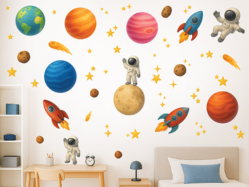 Kozmonauti planéty a rakety samolepky na stenu, Kozmonauti planéty a rakety nálepky na stenu pre deti, Kozmonauti planéty a rakety detské dekorácie na stenu, Kozmonauti planéty a rakety samolepiace nálepky na stenu
