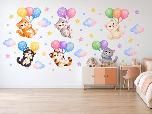 Koťátka s balonky samolepky na zeď, Koťátka s balonky tapety na zeď, Koťátka s balonky dekorace na zeď, Koťátka s balonky nálepky na zeď