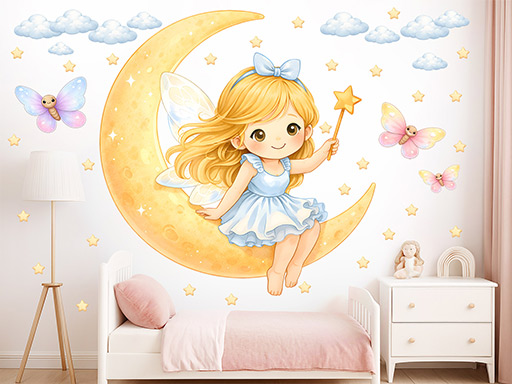 Kouzelná víla a měsíc samolepka na zeď, Kouzelná víla a měsíc nálepka na zeď, Kouzelná víla a měsíc dětská dekorace na zeď, Kouzelná víla a měsíc samolepící nálepka na zeď, Kouzelná víla a měsíc samolepka na zeď pro děti