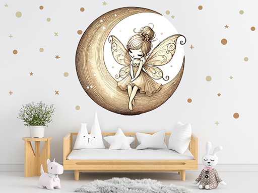 Kúzelná víla na mesiaci samolepka na stenu, Kúzelná víla na mesiaci nálepka na stenu, Kúzelná víla na mesiaci detská dekorácia na stenu, Kúzelná víla na mesiaci samolepiaca nálepka na stenu, Kúzelná víla na mesiaci samolepka na stenu pre deti