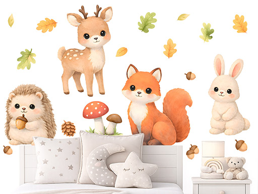 Nálepky na stenu s motívom čarovných lesných zvierat, Nálepky na stenu s motívom čarovných lesných zvierat pre deti, Detské dekorácie na stenu s motívom čarovných lesných zvierat, Samolepiace nálepky na stenu s motívom čarovných lesných zvierat