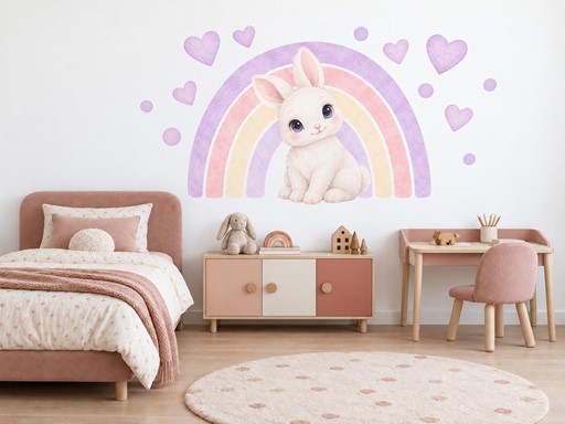Králíček pod lila duhou samolepky na zeď, Králíček pod lila duhou tapety na zeď, Králíček pod lila duhou dekorace na zeď, Králíček pod lila duhou nálepky na zeď