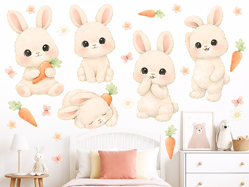 Králiky samolepka na stenu, Králiky nálepka na stenu pre deti, Králiky dekorácie na stenu, Králiky tapeta na stenu, Králiky samolepka na stenu pre deti