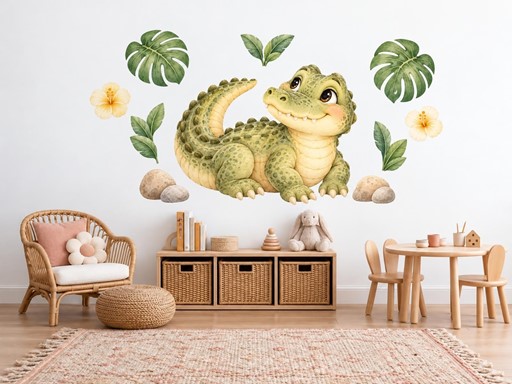 Krokodýlek se stočeným ocáskem samolepky na zeď, Krokodýlek se stočeným ocáskem tapety na zeď, Krokodýlek se stočeným ocáskem dekorace na zeď, Krokodýlek se stočeným ocáskem nálepky na zeď