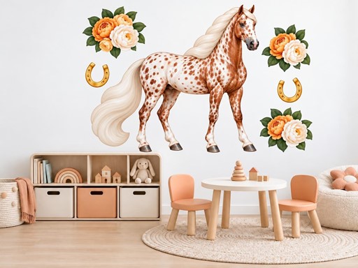Kůň appaloosa s pivoňkami samolepky na zeď, Kůň appaloosa s pivoňkami tapety na zeď, Kůň appaloosa s pivoňkami dekorace na zeď, Kůň appaloosa s pivoňkami nálepky na zeď