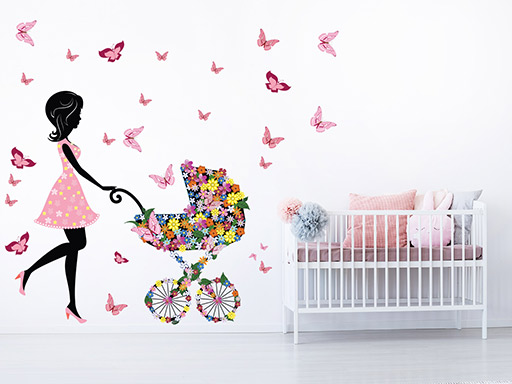 Kvetinové dievča s kočíkom samolepky na stenu, Kvetinové dievča s kočíkom nálepky na stenu pre deti, Kvetinové dievča s kočíkom detské dekorácie na stenu, Kvetinové dievča s kočíkom samolepiace nálepky na stenu