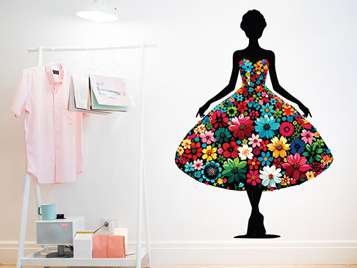 Kvetinové dievča v šatách samolepky na stenu, Kvetinové dievča v šatách dekorácie na stenu, Kvetinové dievča v šatách samolepiace dekorácie na stene, Kvetinové dievča v šatách nálepky na stenu