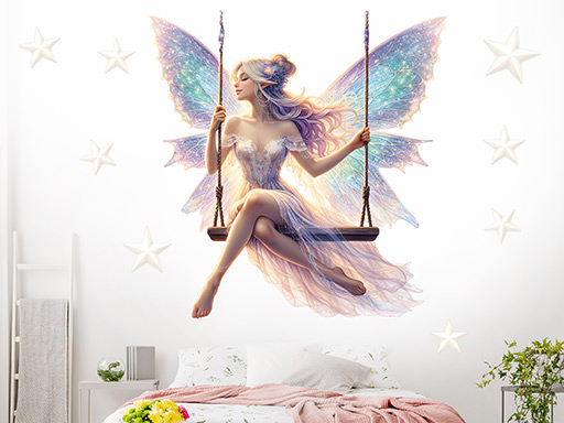 Květinová víla na houpačce samolepka na zeď, Květinová víla na houpačce nálepka na zeď, Květinová víla na houpačce dětská dekorace na zeď, Květinová víla na houpačce samolepící nálepka na zeď, Květinová víla na houpačce samolepka na zeď pro děti