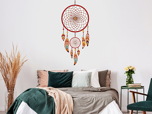 Lapač snů s peříčky samolepka na zeď, Lapač snů s peříčky nálepky na zeď, Lapač snů s peříčky dekorace na stěnu, Lapač snů s peříčky samolepící dekor na stěny, Lapač snů s peříčky samolepící tapety na zeď