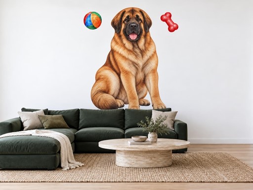 Leonberger s míčkem a kostí samolepky na zeď, Leonberger s míčkem a kostí tapety na zeď, Leonberger s míčkem a kostí dekorace na zeď, Leonberger s míčkem a kostí nálepky na zeď