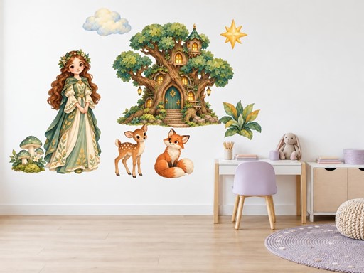 Lesní princezna a domek ve stromě samolepky na zeď, Lesní princezna a domek ve stromě tapety na zeď, Lesní princezna a domek ve stromě dekorace na zeď, Lesní princezna a domek ve stromě nálepky na zeď