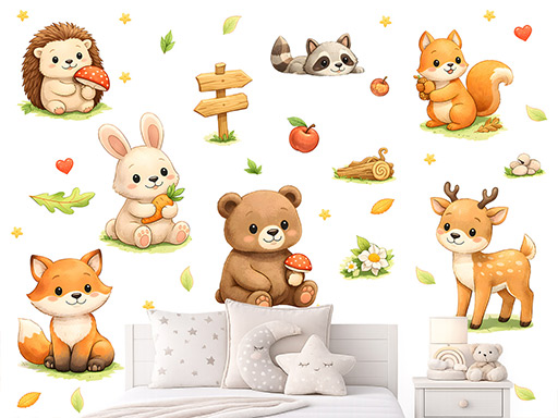 Les a zvířátka samolepky na zeď, Les a zvířátka nálepky na zeď pro děti, Les a zvířátka dětské dekorace na zeď, Les a zvířátka samolepící nálepky na zeď