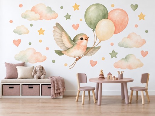 Letící ptáček s balonky samolepky na zeď, Letící ptáček s balonky tapety na zeď, Letící ptáček s balonky dekorace na zeď, Letící ptáček s balonky nálepky na zeď