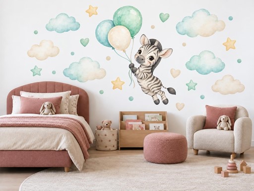Letící zebřička s balonky samolepky na zeď, Letící zebřička s balonky tapety na zeď, Letící zebřička s balonky dekorace na zeď, Letící zebřička s balonky nálepky na zeď