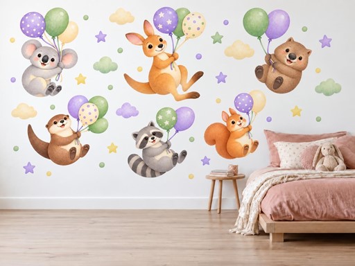Levandulová zvířátka s balonky samolepky na zeď, Levandulová zvířátka s balonky tapety na zeď, Levandulová zvířátka s balonky dekorace na zeď, Levandulová zvířátka s balonky nálepky na zeď