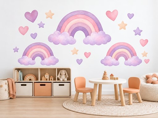Lila duhy se srdíčky samolepky na zeď, Lila duhy se srdíčky tapety na zeď, Lila duhy se srdíčky dekorace na zeď, Lila duhy se srdíčky nálepky na zeď
