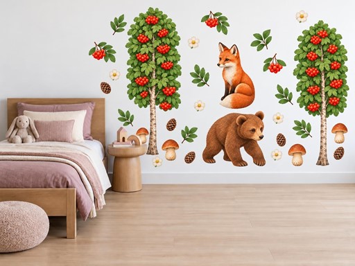 Liška a medvídek pod jeřáby samolepky na zeď, Liška a medvídek pod jeřáby tapety na zeď, Liška a medvídek pod jeřáby dekorace na zeď, Liška a medvídek pod jeřáby nálepky na zeď