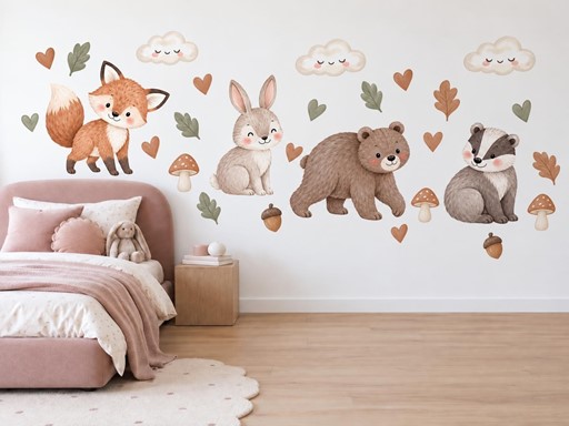 Liška, zajíček, méďa a jezevec samolepky na zeď, Liška, zajíček, méďa a jezevec tapety na zeď, Liška, zajíček, méďa a jezevec dekorace na zeď, Liška, zajíček, méďa a jezevec nálepky na zeď