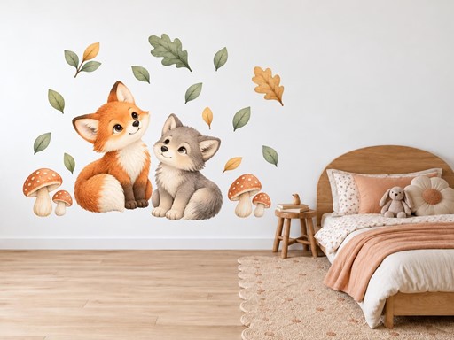 Lištička a vlček mezi houbičkami samolepky na zeď, Lištička a vlček mezi houbičkami tapety na zeď, Lištička a vlček mezi houbičkami dekorace na zeď, Lištička a vlček mezi houbičkami nálepky na zeď