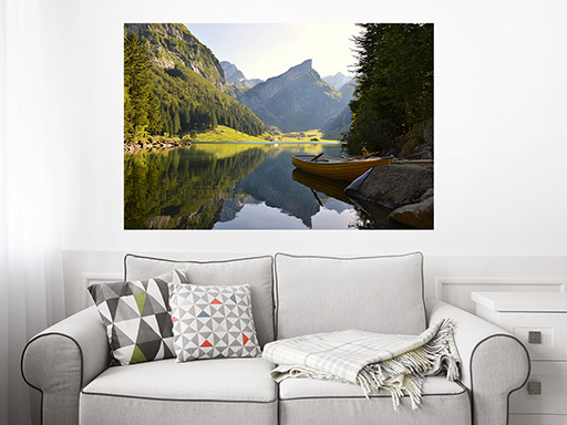 Loďka na jezeře samolepka na zeď, Loďka na jezeře plakát na zeď, Loďka na jezeře plakát dekorace na zeď, Loďka na jezeře plakát na stěnu, Loďka na jezeře plakát na zeď