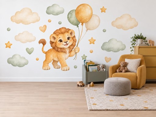 Lvíček s balonky samolepky na zeď, Lvíček s balonky tapety na zeď, Lvíček s balonky dekorace na zeď, Lvíček s balonky nálepky na zeď